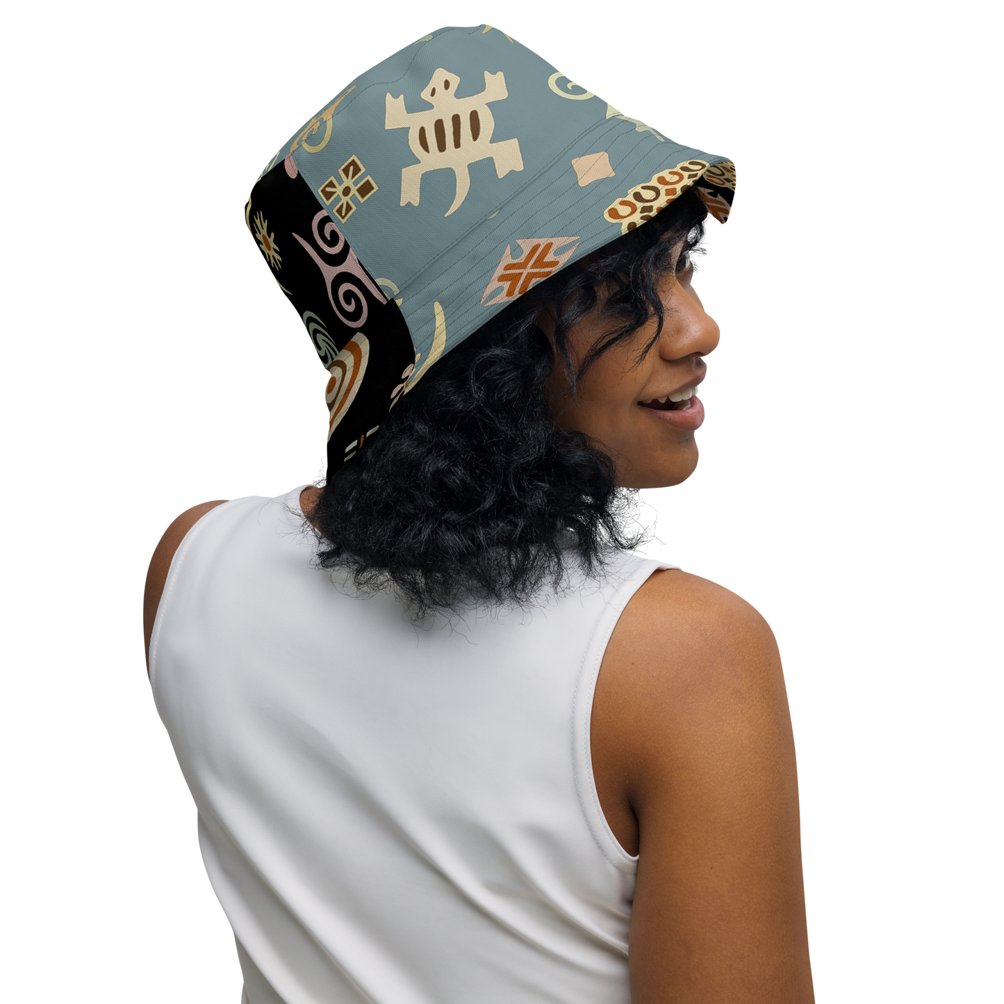 Adinkra Colorblock Print Reversible Bucket Hat