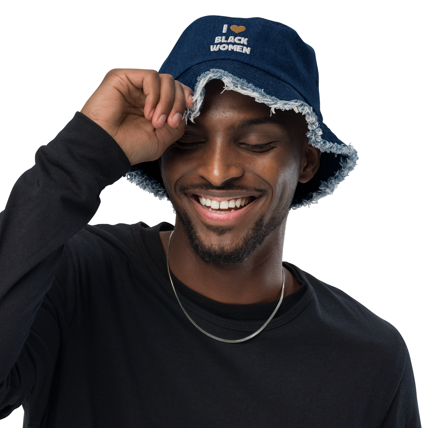 I Love Black Women Distressed Denim Bucket Hat