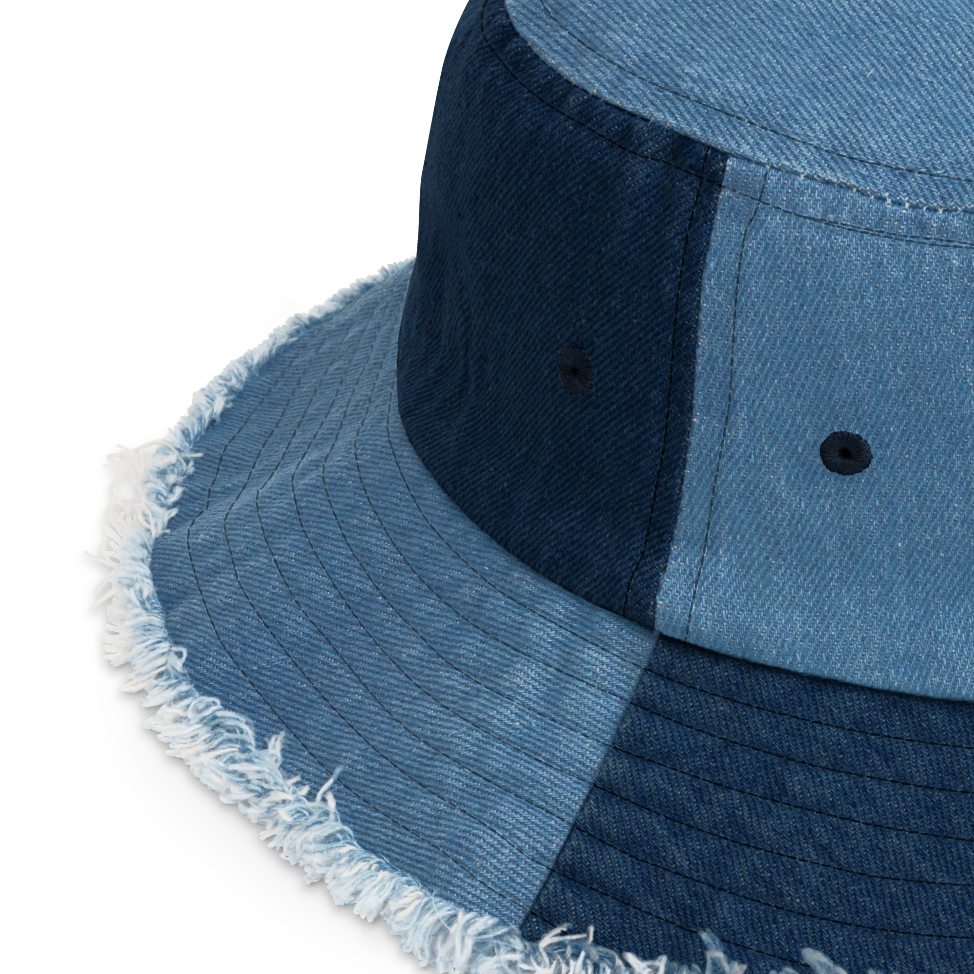 DISTRESSED DENIM BUCKET HAT IN BLUE