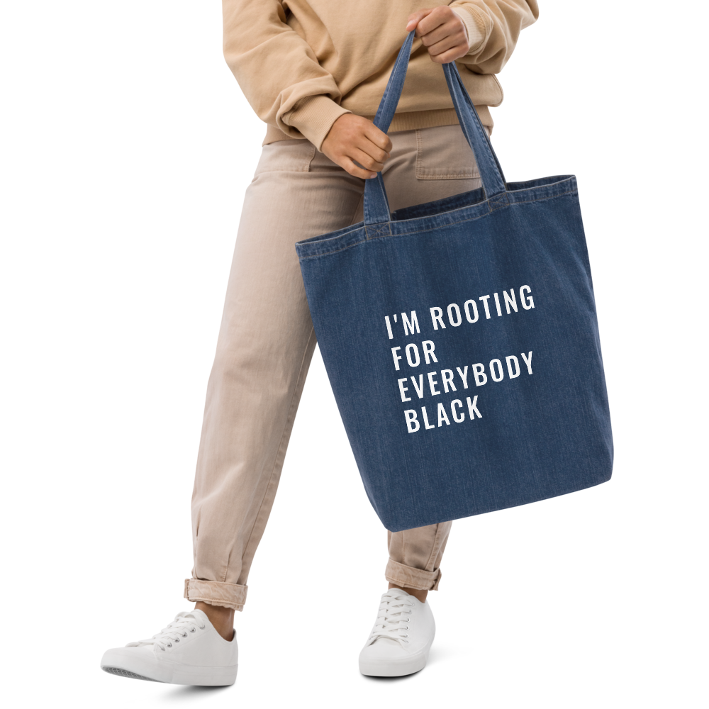 Rooting for Everyone Black Organic Denim Tote Bag